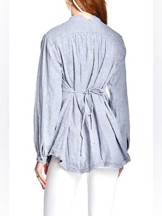 Free People Marten Oxford Stripe tie dye rustic vibe blouse w Tie-Back - Picture 4 of 14